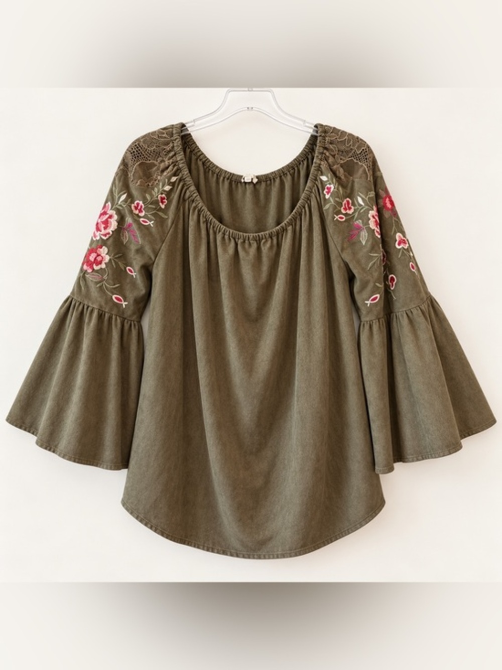 Olive Brushed Suede-Feel Embroidered Boho Peasant Top Bell Sleeve EUC M #2246